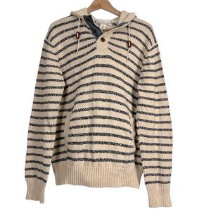 H&M LOGG Men's Neutral Cream & Navy Stripe Chunky Knit Henley Hoodie Sweater